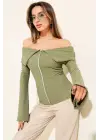 Omzu Açık Fermuarlı Bluz Haki T4330