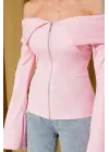 Omzu Açık Fermuarlı Bluz Pembe T4330