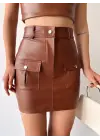 Önden İki Cepli Deri Etek Kahve H240040