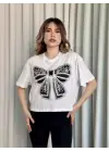 Oversize Beyaz Baskılı Crop Tişört