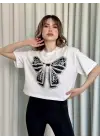 Oversize Beyaz Baskılı Crop Tişört