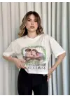 Oversize Beyaz Baskılı Crop Tişört