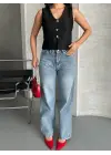 Palazzo Straight Kar Yıkama Jeans Pantolon Mavi D2008