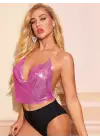 Parlak Fuşya Crop & Bluz Kolsuz Kayık Yaka Zırh Büstiyer