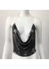 Parlak Siyah Crop & Bluz Kolsuz Kayık Yaka Zırh Büstiyer