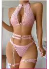 Pembe Dantelli Kalp Detaylı Zincirli Seksi İç Giyim Seti