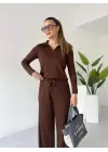 Polo Yaka Alt Üst Kollu Modal Takım Kahve Pt