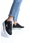Prag Bağcıklı Ortopedik Taban Desenli Kadın Sneaker Spor Ayakkabı  Bt - Siyah