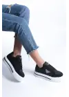 Prag Bağcıklı Ortopedik Taban Desenli Kadın Sneaker Spor Ayakkabı  Bt - Siyah