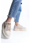 Prag Bağcıklı Ortopedik Taban Desenli Kadın Sneaker Spor Ayakkabı  Kt - Krem