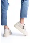 Prag Bağcıklı Ortopedik Taban Desenli Kadın Sneaker Spor Ayakkabı  Kt - Krem