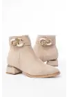 Bej Süet Toka Aksesuarlı Topuklu Fermuarlı Günlük Kadın Bot