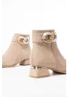 Bej Süet Toka Aksesuarlı Topuklu Fermuarlı Günlük Kadın Bot