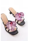 S-622 Siyah Mor Orkide Detaylı İnce Topuklu Kadın Terlik