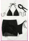 Siyah Askılı Bikini Takımı + Ayarlanabilir Büzgülü Etek – Tatil Stili