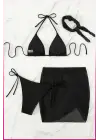 Siyah Askılı Bikini Takımı + Ayarlanabilir Büzgülü Etek – Tatil Stili