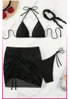 Siyah Askılı Bikini Takımı + Ayarlanabilir Büzgülü Etek – Tatil Stili