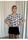 Siyah Beyaz Baskılı Crop Gömlek