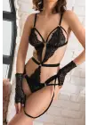 Siyah Dantel Jartiyer Fantezi İç Giyim Takımı Eldivenli, Seksi 3lü Set, Kadın Seksi İç Çamaşırı