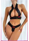 Siyah Dantel Şeritli Seksi Sütyen Külot Takım