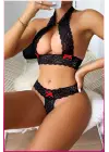 Siyah Dantel Şeritli Seksi Sütyen Külot Takım