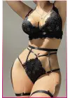 Siyah Dantelli Gold Zincirli Seksi Jartiyer Takım