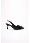 Siyah Fiyonklu Kitten Topuklu Slingback Kadın Ayakkabı TR08MS24A