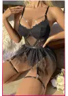 Siyah Göğüs Balenli, Tül Etekli Seksi Jartiyer Takım