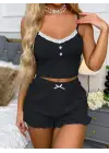 Siyah Likralı Düğmeli Yumuşacık 2li Pijama Takımı