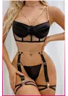 Siyah Merdiven Zincirli Göğüs Balenli Kadın Seksi Jartiyer Takım