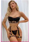 Siyah Merdiven Zincirli Göğüs Balenli Kadın Seksi Jartiyer Takım