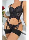 Siyah Sexy Kadın Dantelli Bodysuit Gecelik Takım