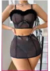 Siyah Tül Kurdele Detaylı Seksi İç Giyim Seti