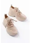 Sp-2024 Bej Günlük Bağcıklı Fileli Taş Aksesuarlı Kadın Spor Ayakkabı