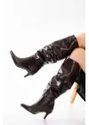 Sr-2001 Kahverengi Kroko İnce Topuklu Günlük Bayan Çizme