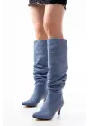 Kot Mavi Süet İnce Topuklu Günlük Kadın Çizme