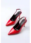 ST-1153 Kırmızı Rugan Günlük Arkası Açık 9 cm Topuklu Kadın Ayakkabı
