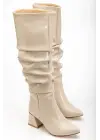 Syt-2002 Bej Kırışık Rugan Körüklü Kalın Topuklu Günlük Bayan Çizme