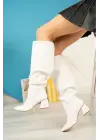 Beyaz Körüklü Kalın Topuklu Günlük Kadın Çizme