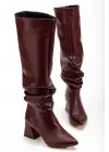 Syt-2002 Bordo Cilt  Körüklü Kalın Topuklu Günlük Bayan Çizme