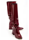 Syt-2002 Bordo Kırışık  Körüklü Kalın Topuklu Günlük Bayan Çizme