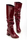 Syt-2002 Bordo Kırışık Rugan Körüklü Kalın Topuklu Günlük Bayan Çizme