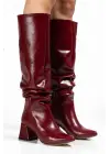 Syt-2002 Bordo Kırışık Rugan Körüklü Kalın Topuklu Günlük Bayan Çizme