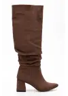 Syt-2002 Kahve Süet Körüklü Kalın Topuklu Günlük Bayan Çizme