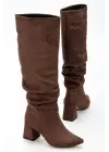 Syt-2002 Kahve Süet Körüklü Kalın Topuklu Günlük Bayan Çizme
