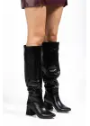 Syt-2002 Siyah Kırışık Rugan Körüklü Kalın Topuklu Günlük Bayan Çizme