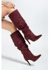 Syt-2003 Bordo Süet Körüklü İnce Topuklu Günlük Bayan Çizme