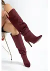 Syt-2003 Bordo Süet Körüklü İnce Topuklu Günlük Bayan Çizme