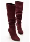 Syt-2003 Bordo Süet Körüklü İnce Topuklu Günlük Bayan Çizme