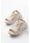 T-221 Bej  Spring Paraşüt Kumaş Lastikli Ortopedik Kadın Sandalet